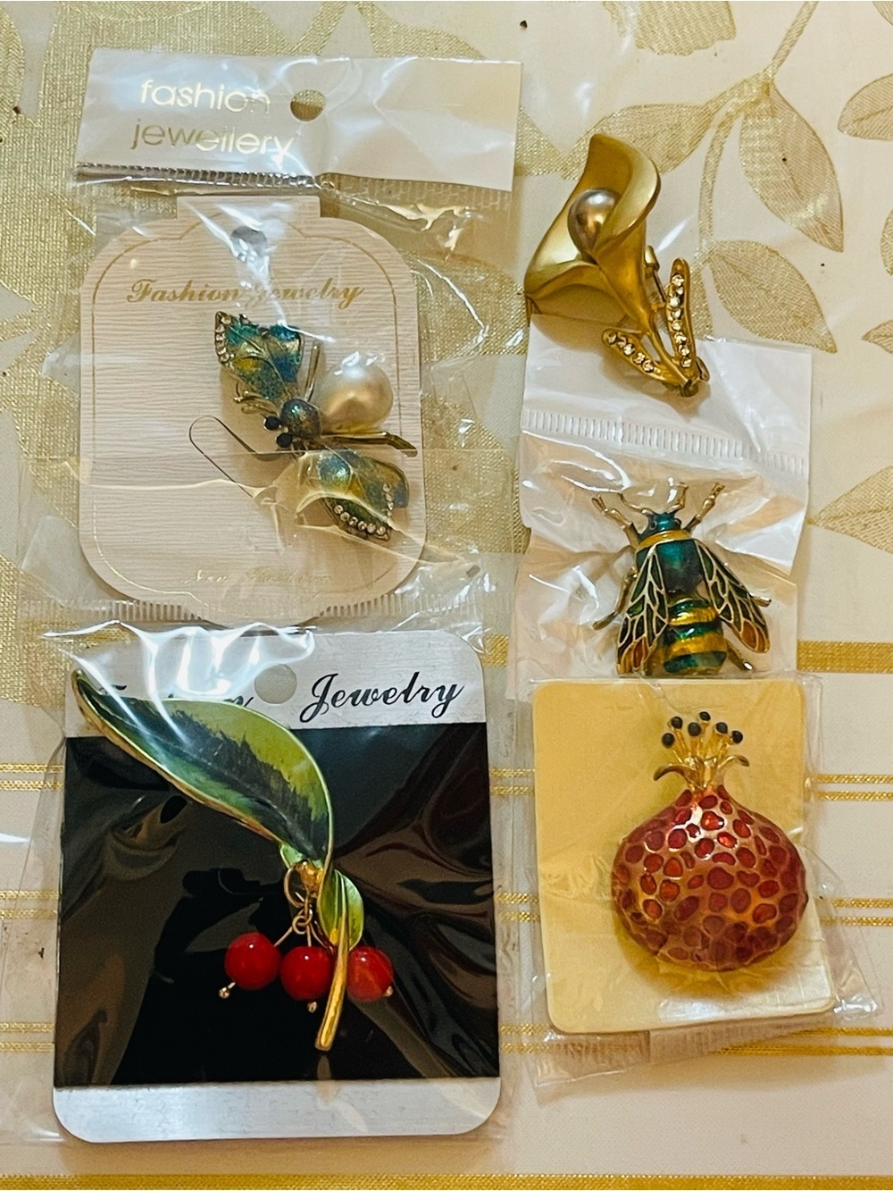 Set of 5 kids brooches butterfly cherry flower pomegranate